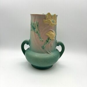 Roseville Pottery Poppy Vase Blue Green Handles 9.5" Mold #873